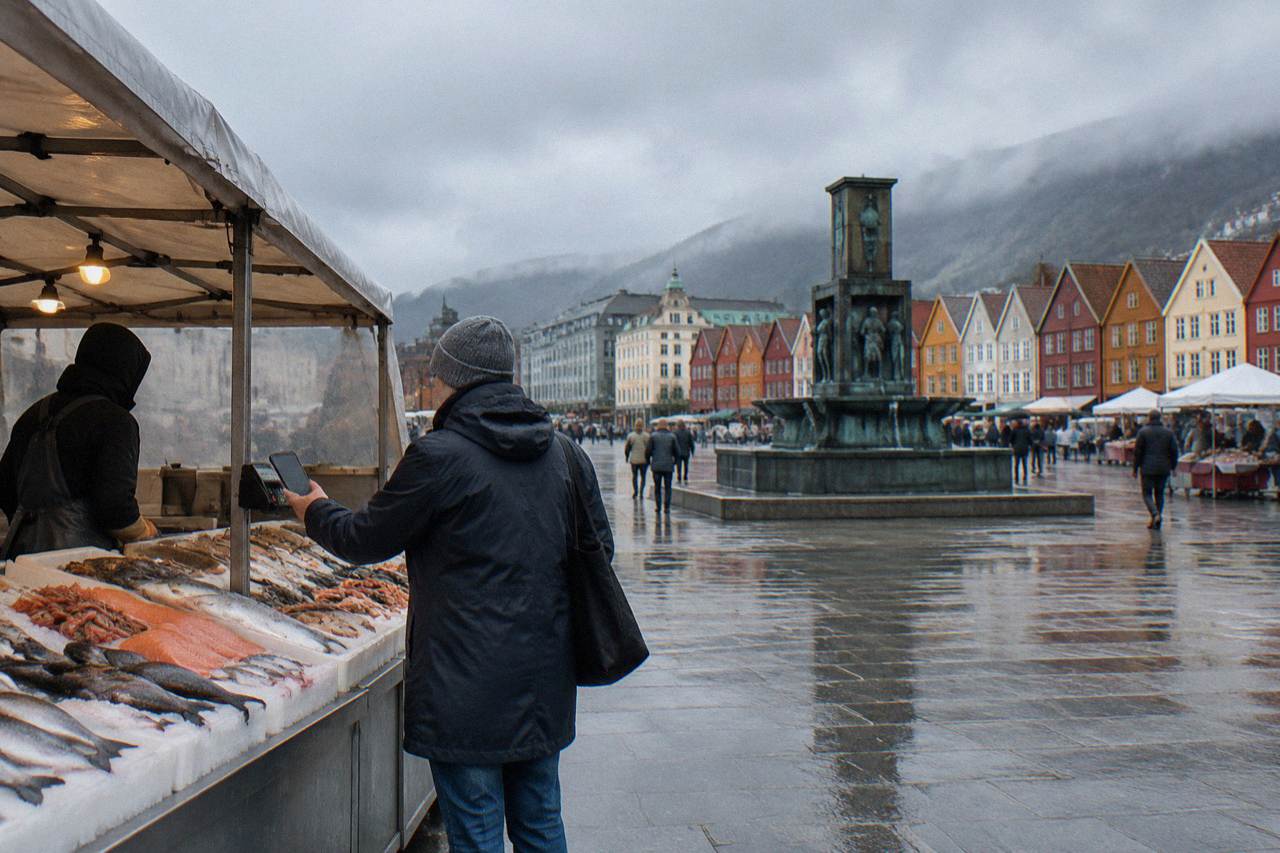 A customer holding a phone toward a card reader at a fish market stall in Bergen with colourful wooden buildings behind