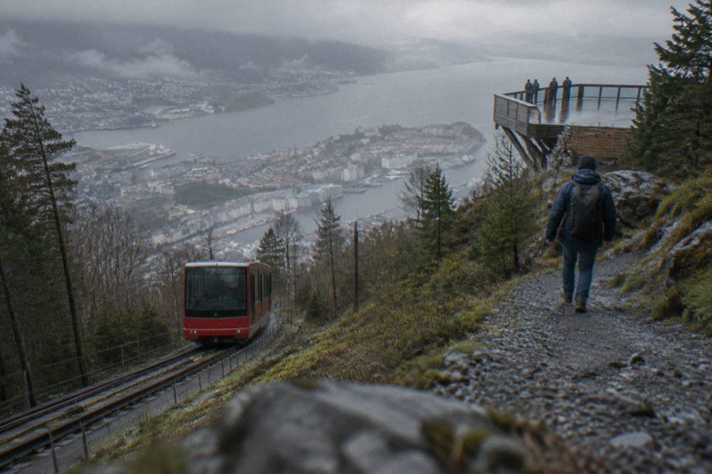 A hiker in jeans and a rain shell descending a forested gravel trail on the slopes of Mount Fløyen above Bergen, with the city and harbour visible below
