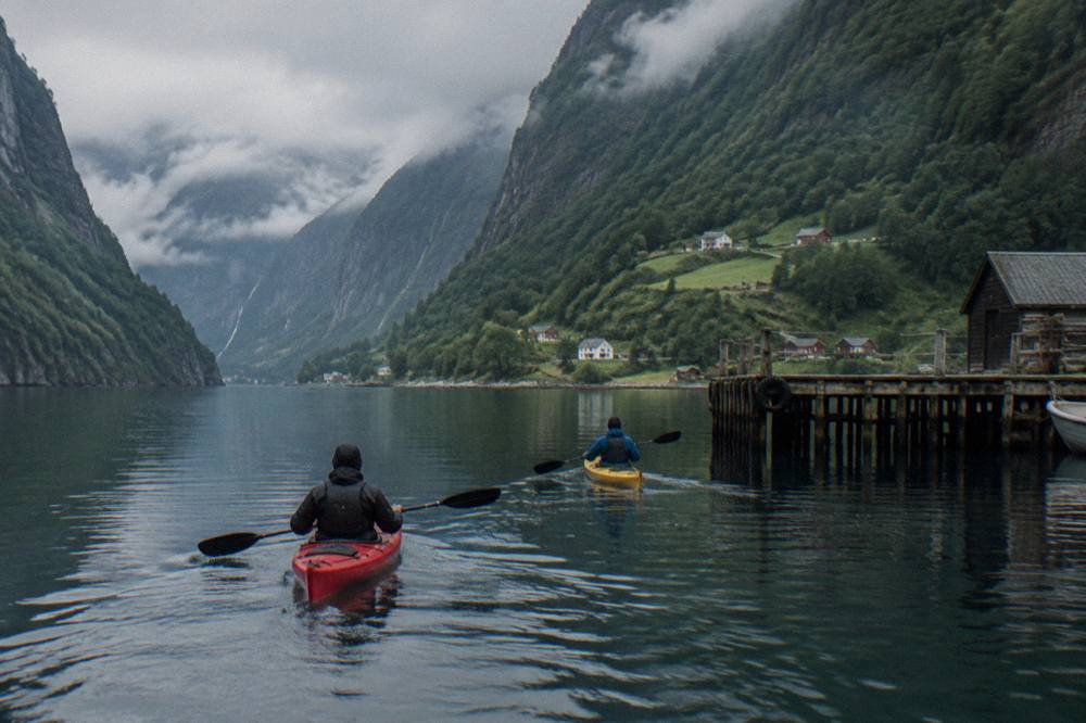 Two kayakers paddling across still fjord water toward a wooden pier with steep green mountains rising behind