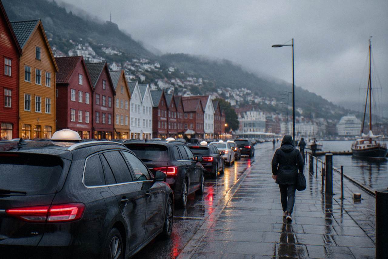 Taxis waiting in a rank on a wet evening street in central Bergen, Norway, with colourful wooden buildings behind them