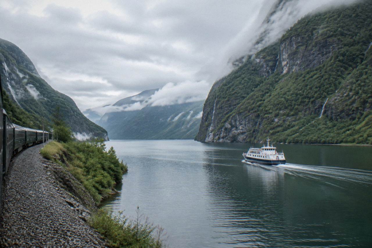 A passenger boat travelling along a narrow Norwegian fjord between steep forested cliffs