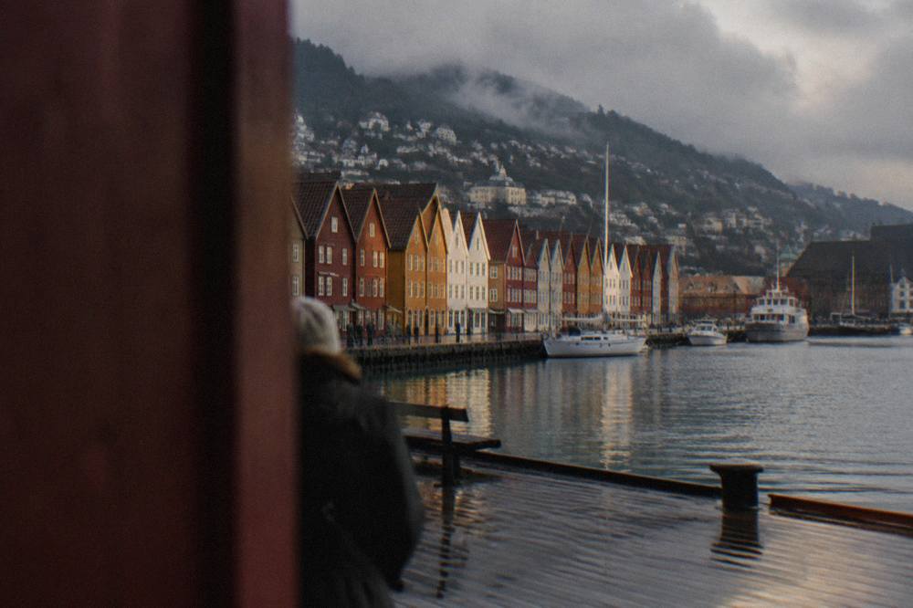 Colourful wooden Hanseatic buildings along the wharf in Bergen harbour