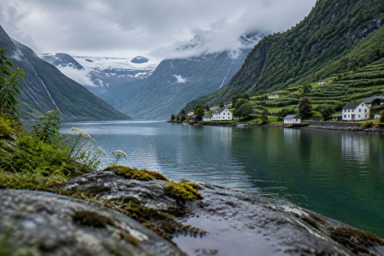 A calm fjord arm between green cliffs with a small village and orchard on the shoreline