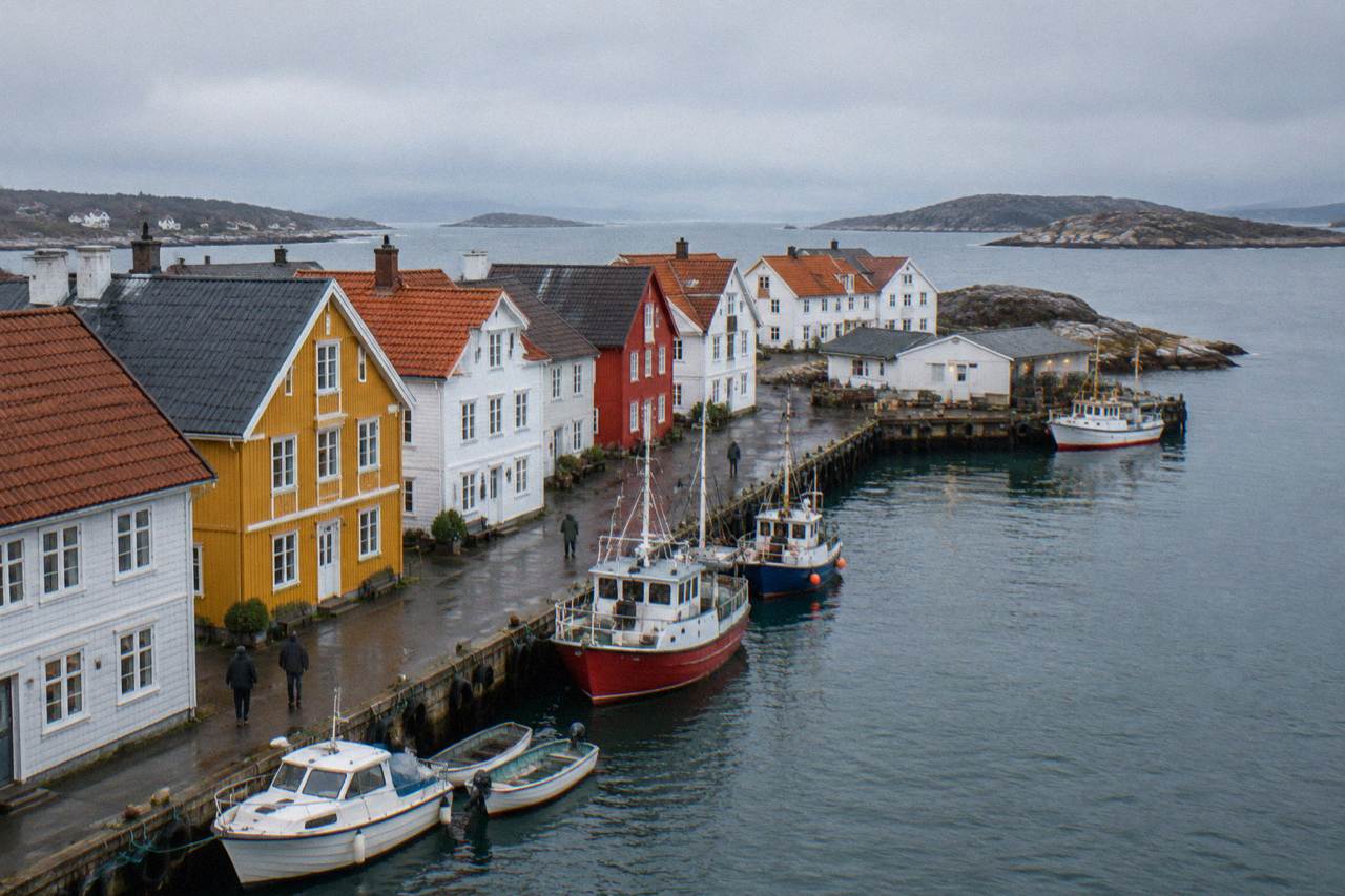 Colourful wooden houses along a narrow harbour street with small boats moored in the foreground