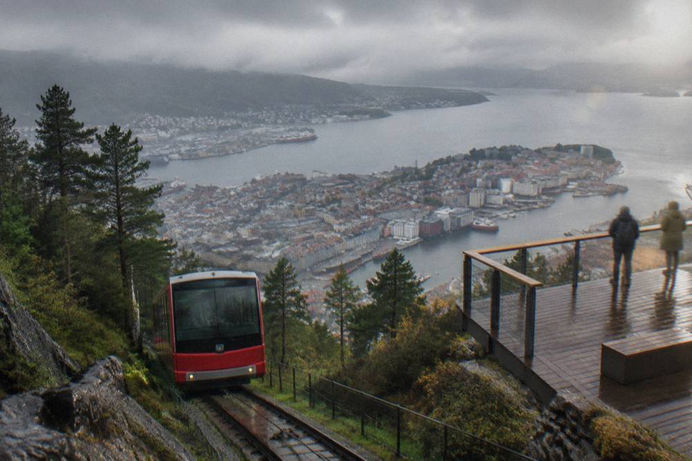 View over the red and white rooftops of central Bergen and the harbour from the top of Mount Fløyen