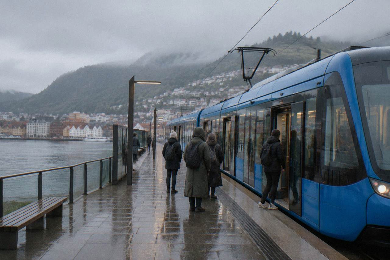 A blue Bybanen light rail tram stopped at a station platform in Bergen with passengers waiting to board