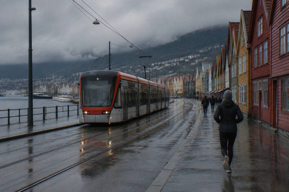 A Bergen light rail tram travelling along a city street with wet pavement and colourful wooden buildings in the background