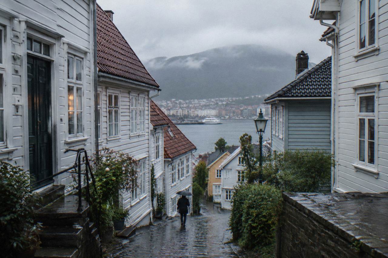 A quiet narrow lane of old wooden houses in central Bergen