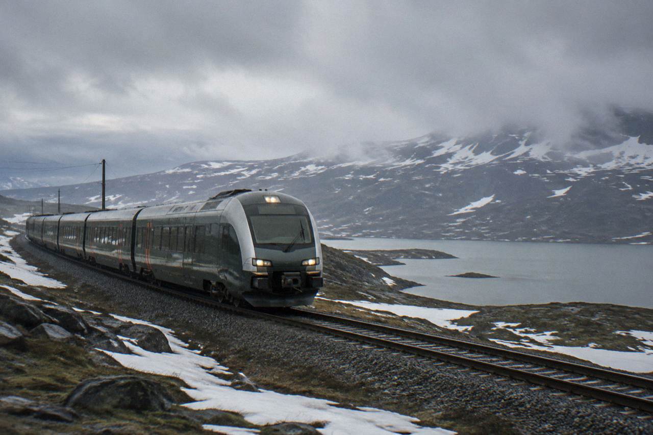 A passenger train on the Bergen Railway crossing a bare mountain plateau under a grey sky, with snow patches on the ground beside the track.