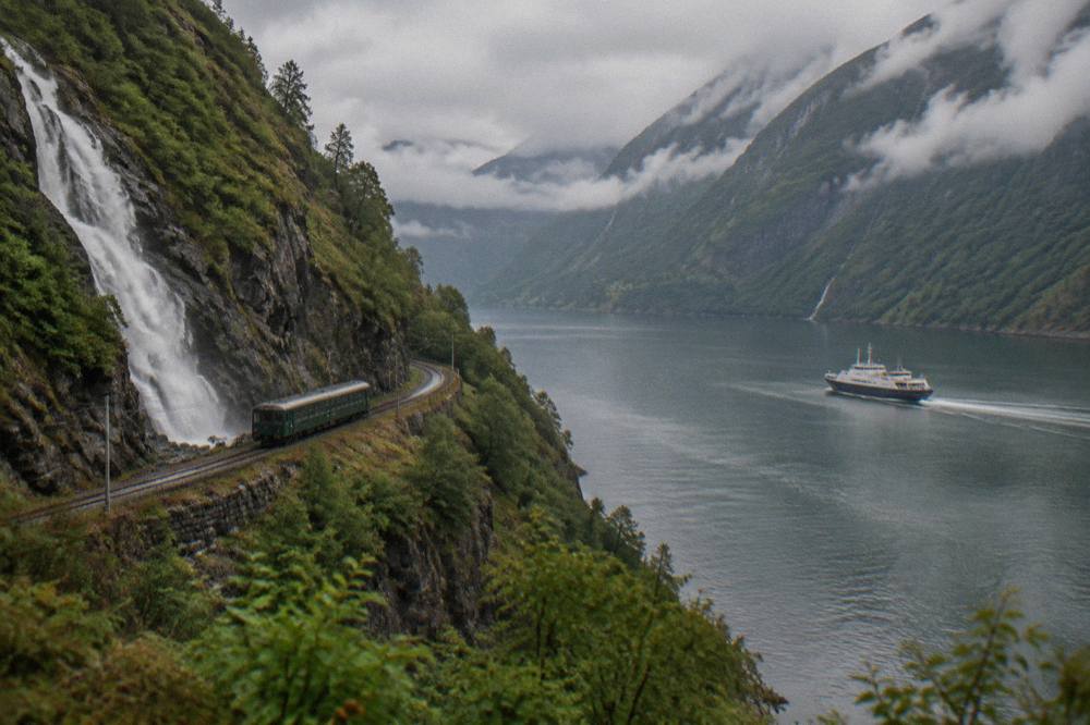 A ferry crossing calm water on a Norwegian fjord, with steep green mountainsides rising on both sides under low cloud.