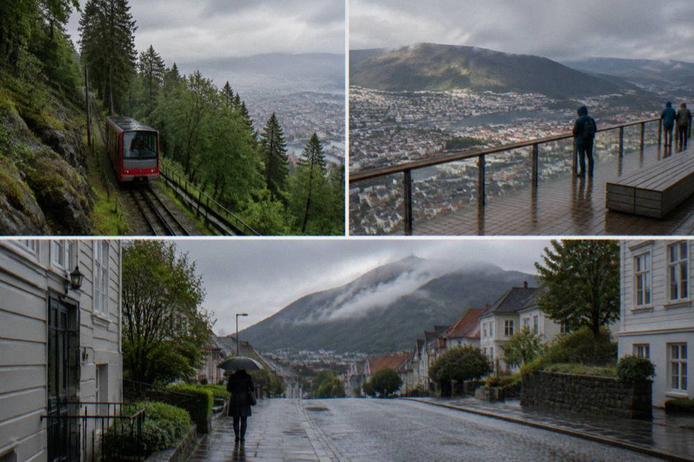 A person walking with an umbrella along a rain-wet street in central Bergen with the Fløyen mountain behind in low cloud