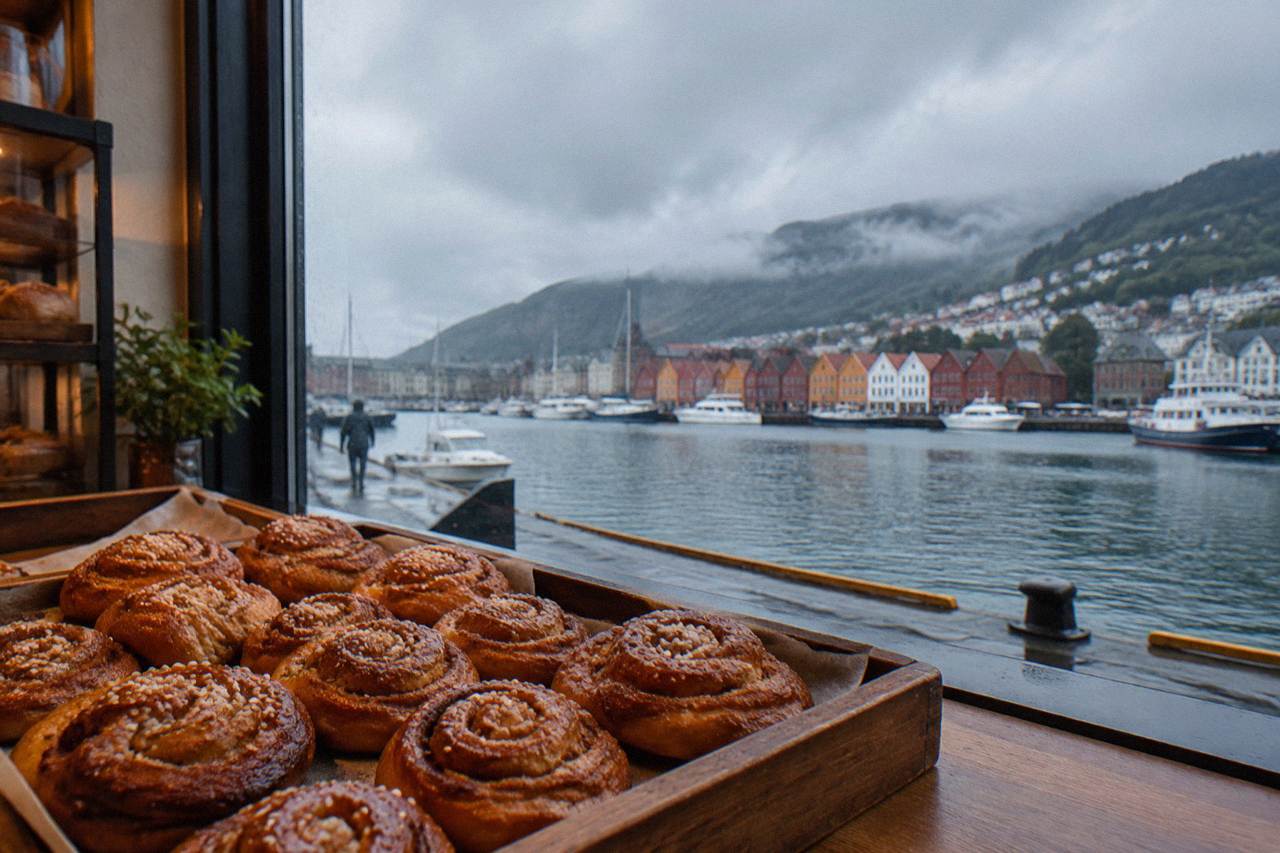 Warm cinnamon buns cooling on a wooden tray inside a Bergen bakery