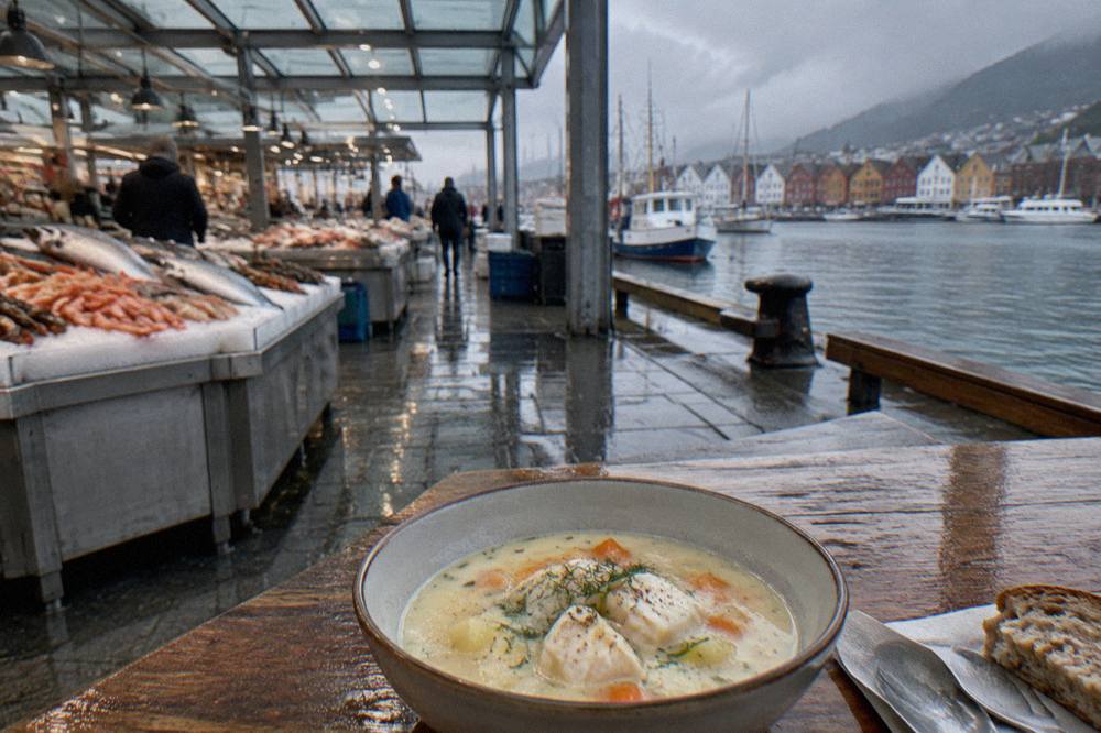 A bowl of Norwegian fish soup with chunks of white fish and cream