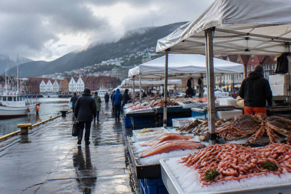 An outdoor fish market on the harbor edge in Bergen with stalls of shrimp, salmon and crabs under white canopies