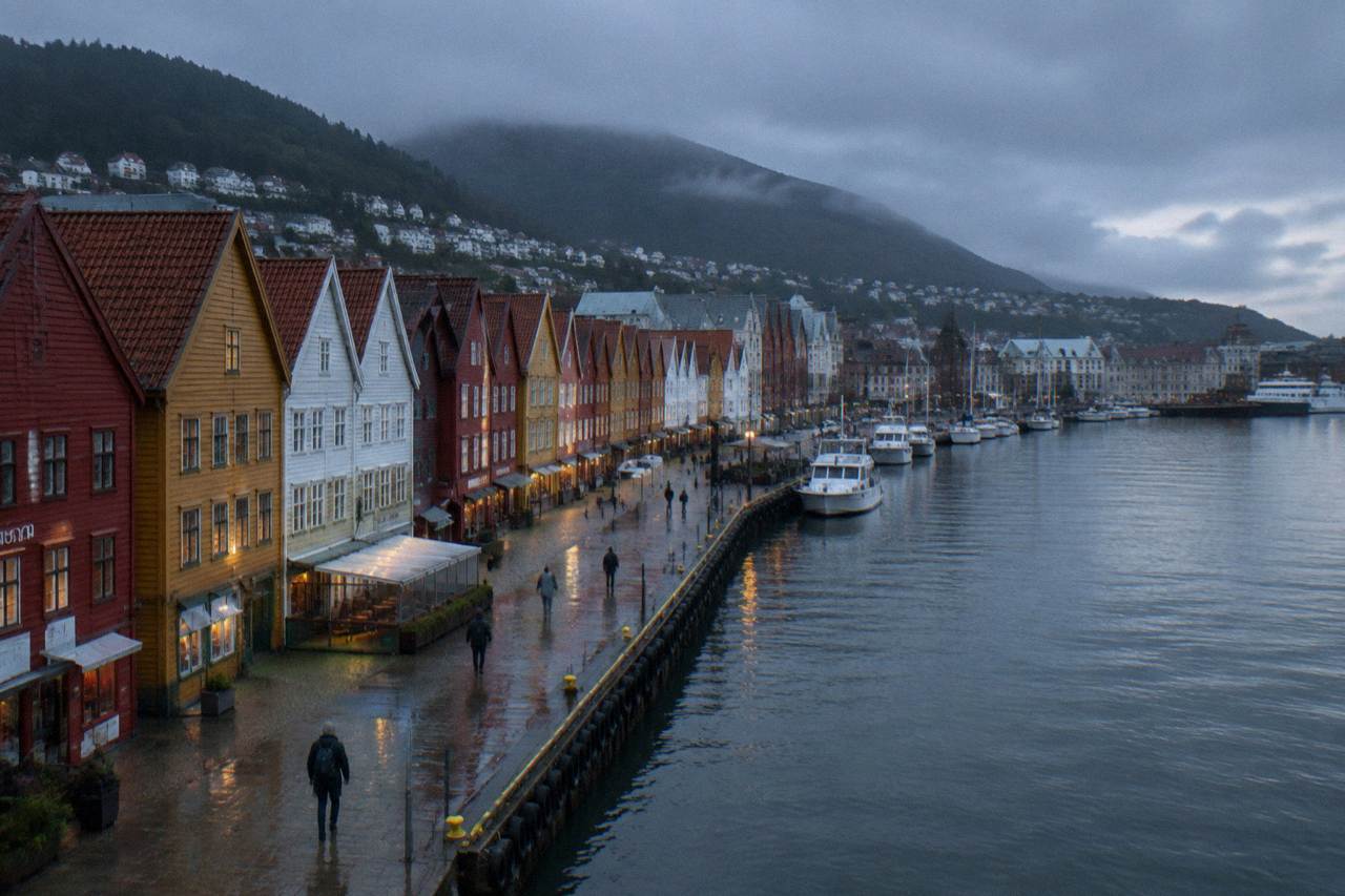 Colourful wooden Hanseatic buildings along the wharf in Bergen on an overcast day