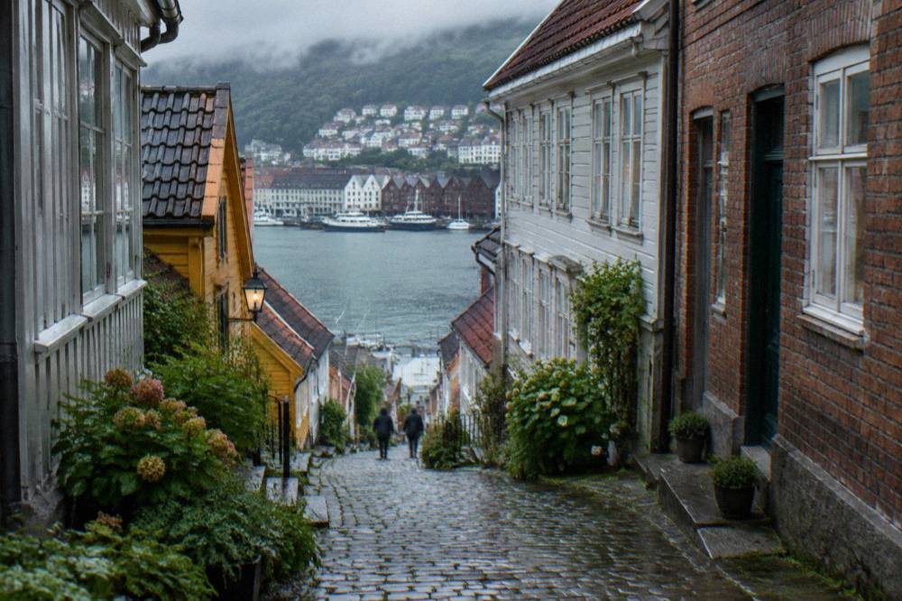 Steep residential street of small wooden houses on a hillside above the harbour