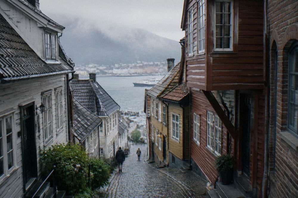Open-air museum street of relocated historic wooden buildings on a mild day