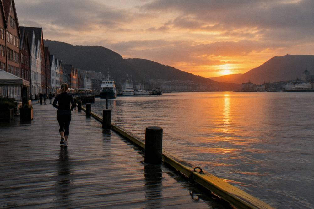 A sunset over a Norwegian coastal town with wooden piers, calm water and hills silhouetted against an orange sky