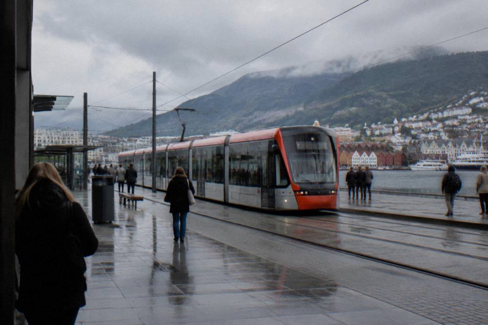 Light rail tram at a central Bergen stop near the pedestrian shopping streets