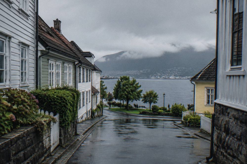 The park at the tip of the Nordnes peninsula with the fjord and mountains behind