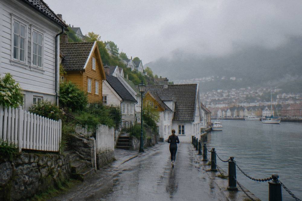 A pedestrian street of old wooden buildings running along the harbour water's edge