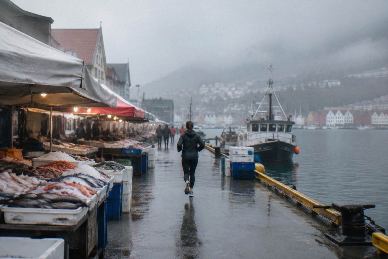 Open-air fish market stalls with crates of fresh seafood on a Bergen harbour quay