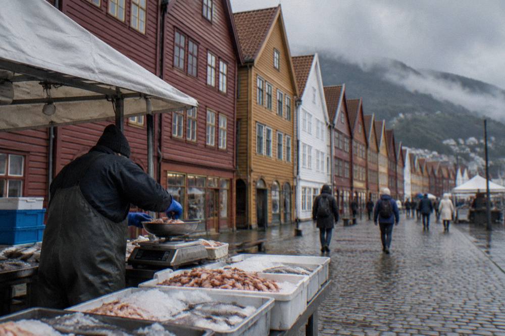 A vendor weighing shrimp at a fish stall with the coloured Bryggen wharves behind