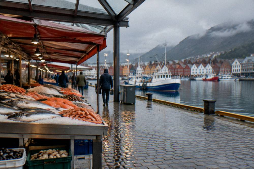 Market stalls under rain awnings with wet cobbles reflecting harbour lights