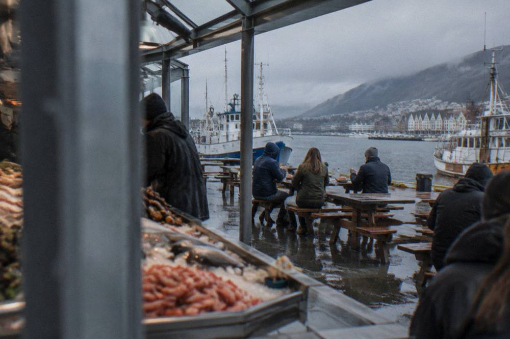 Visitors eating shrimp plates at wooden benches facing the harbour water