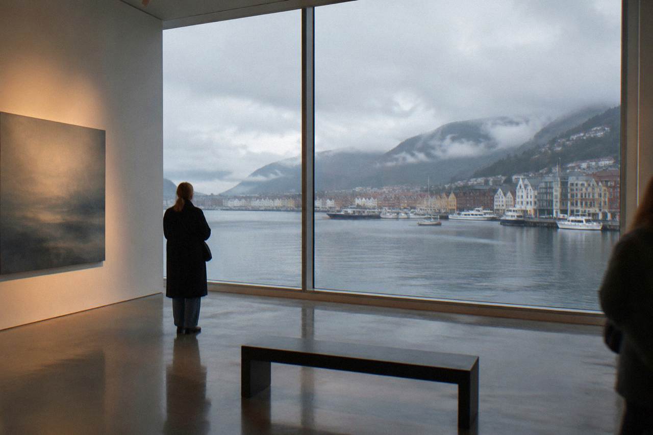 A contemporary art gallery interior with white walls and a large window overlooking a Norwegian harbour