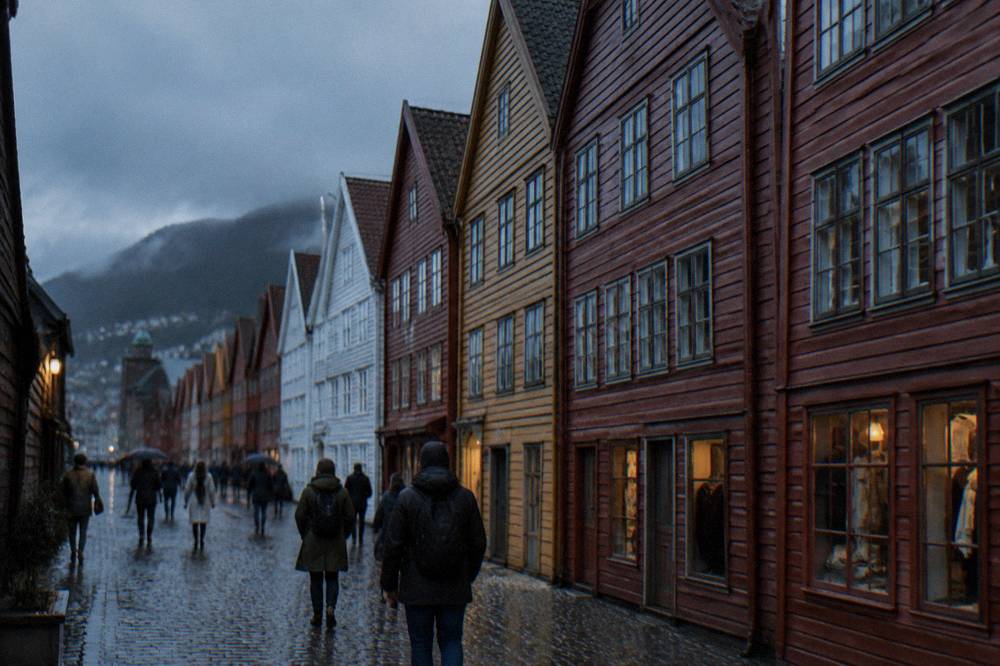 Tourists walking between the timber buildings on Bryggen, with laundry and small shop signs along the wooden gallery.