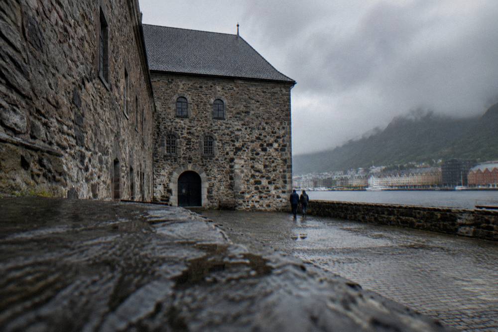 The medieval stone hall of Bergenhus Fortress beside the harbour in Bergen