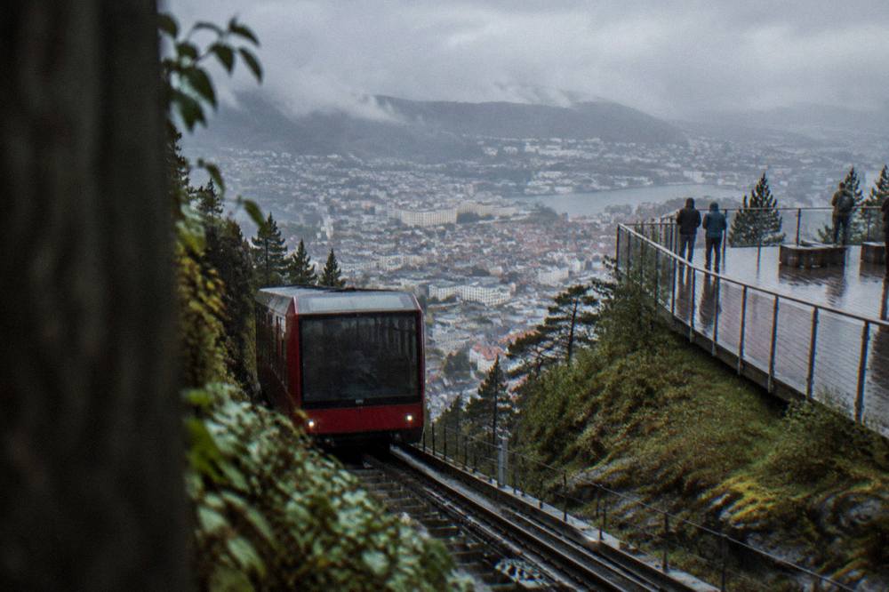 The city view over the wooden roofs of Bergen from Mount Floyen