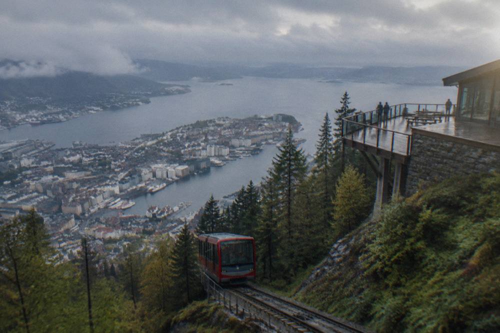 The funicular upper station terrace on Mount Floyen with Bergen city and harbour islands in the background