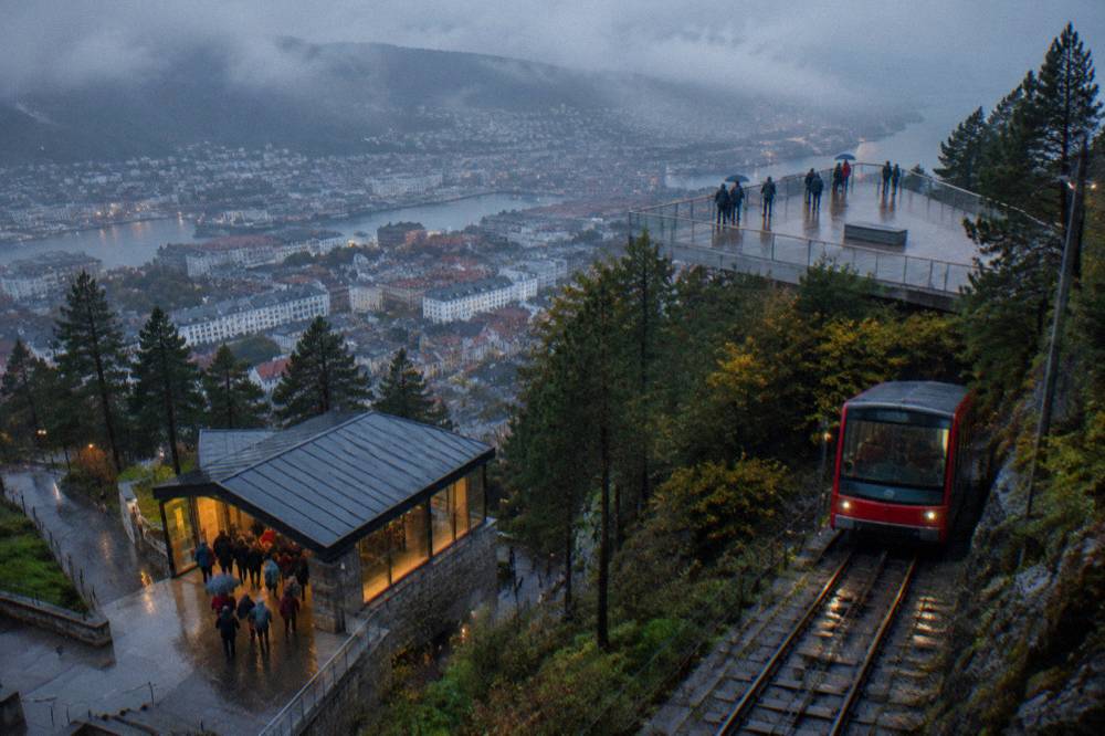 Ticket office and entrance to the Fløibanen lower station on a rainy Bergen street