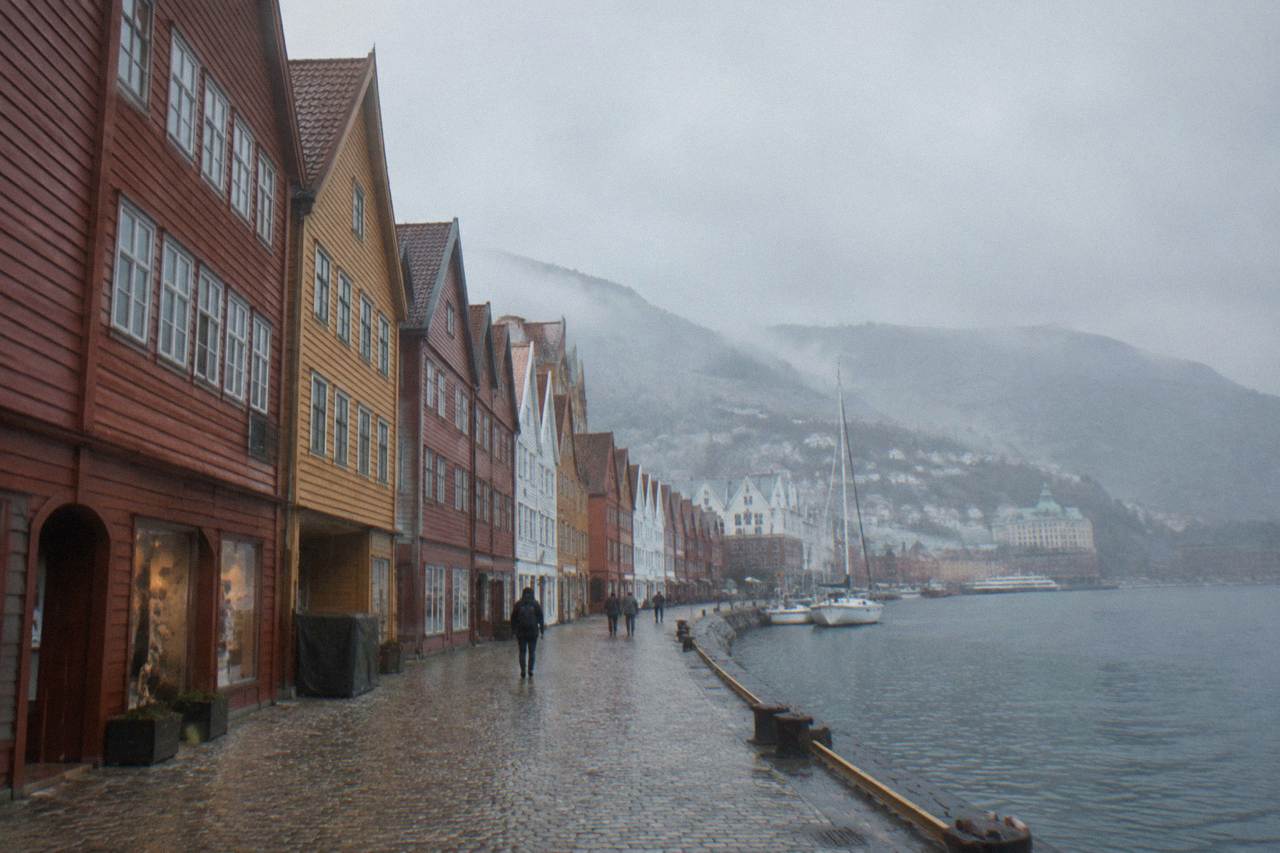 Historic wooden Hanseatic buildings on the Bryggen wharf in Bergen