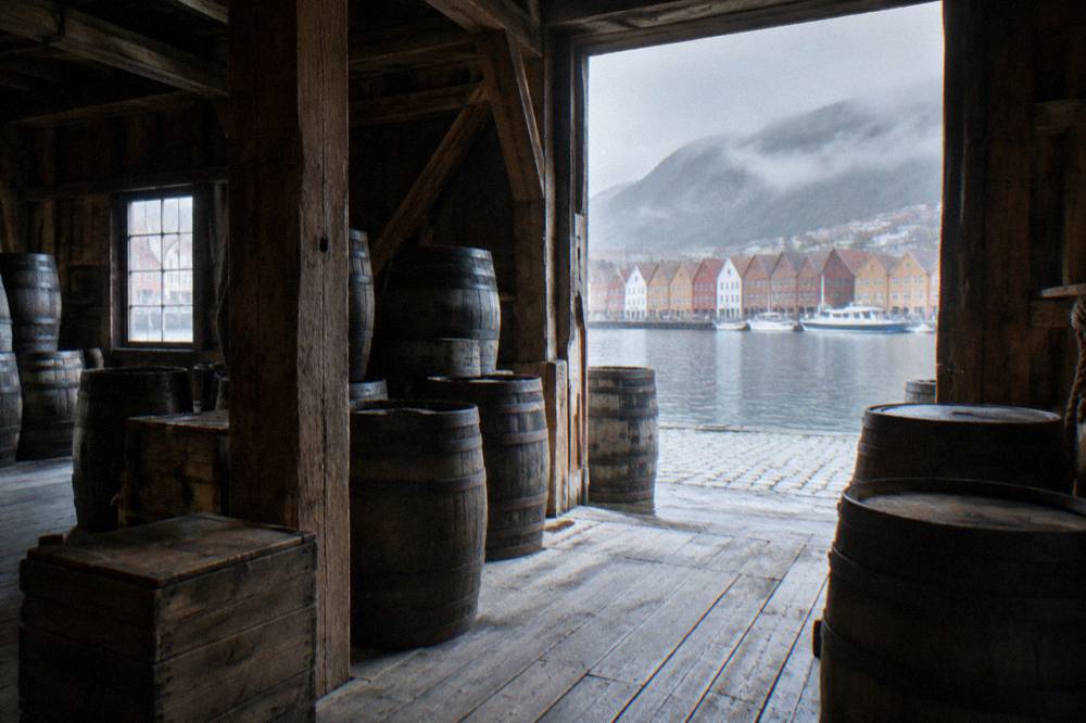 Gabled wooden warehouses seen from the harbour in Bergen