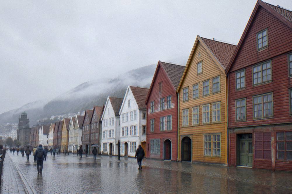 Rain-wet cobblestone street in front of the Bryggen warehouses