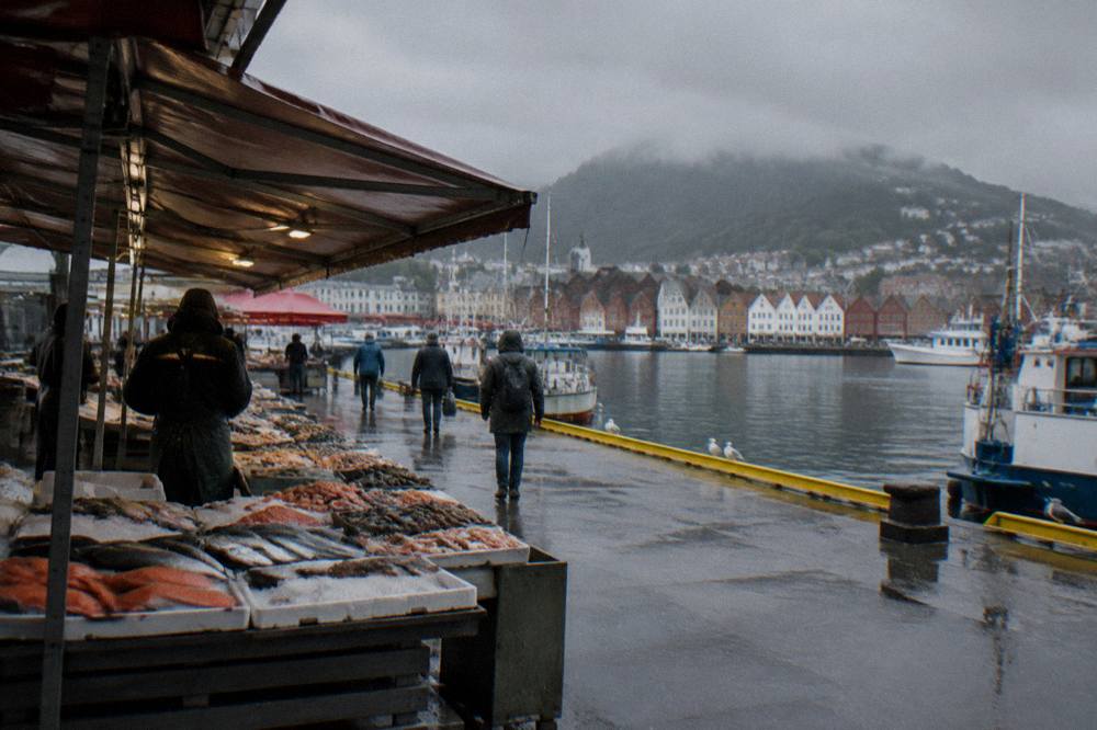 Fish market stalls near the harbour in Bergen