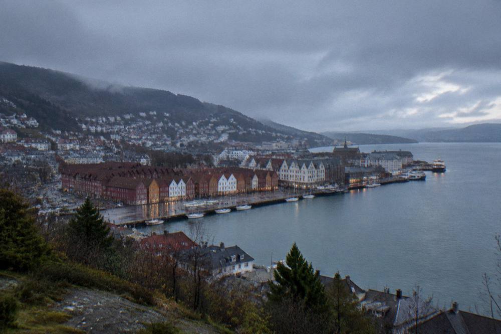 View over the Bryggen wharf and harbour from a mountain above Bergen