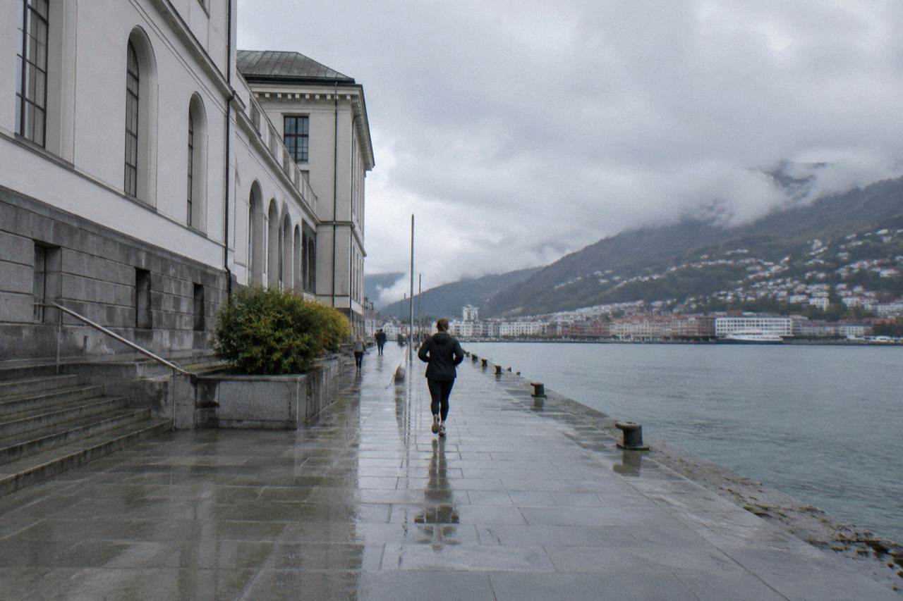Art museum building beside a fjord-side street in Bergen on a bright day