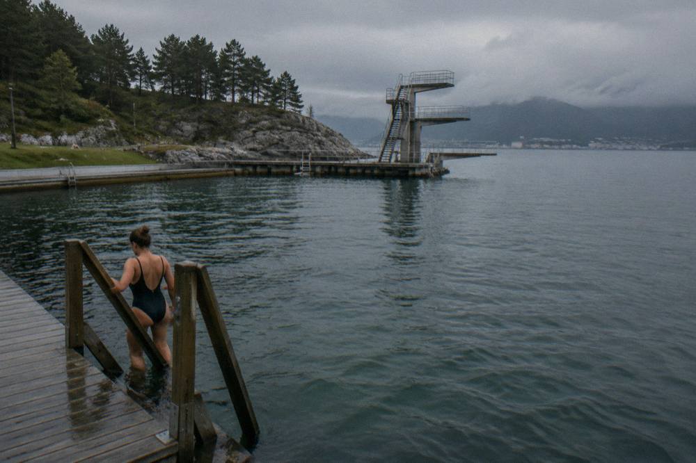 A swimmer on a wooden ladder above cold green harbour water, rocky shore and pine trees behind
