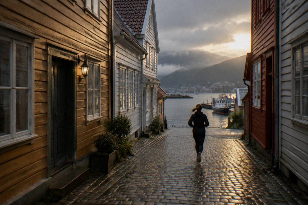 A quiet cobblestone lane between old wooden trade buildings near Bergen harbour