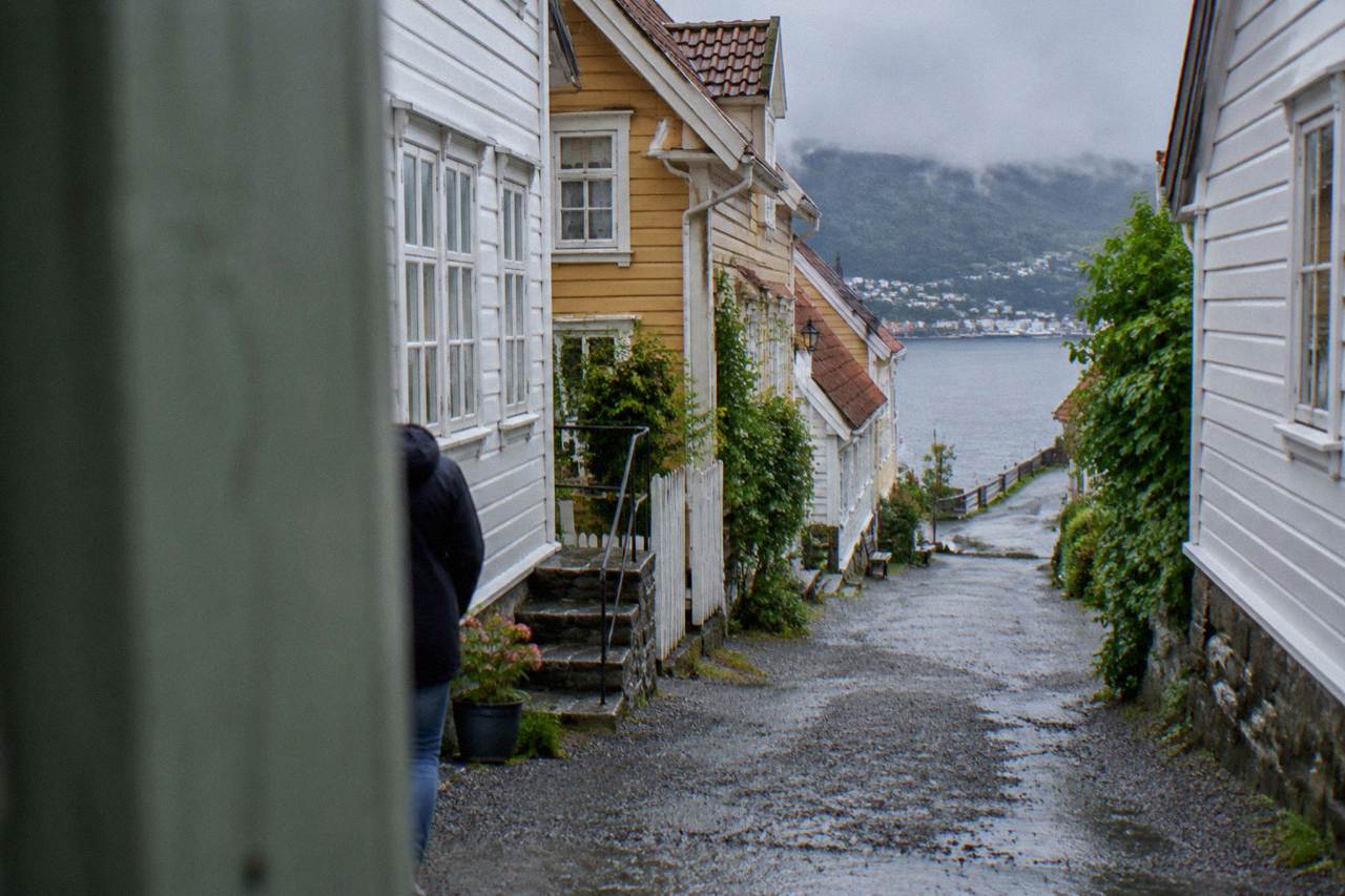 Old wooden town houses standing side by side on a gravel lane at an open-air museum