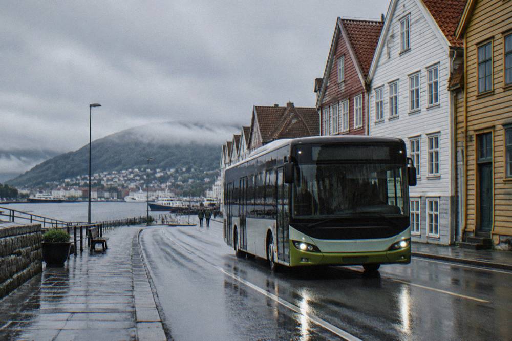 A modern city bus on a street beside old wooden buildings in Bergen