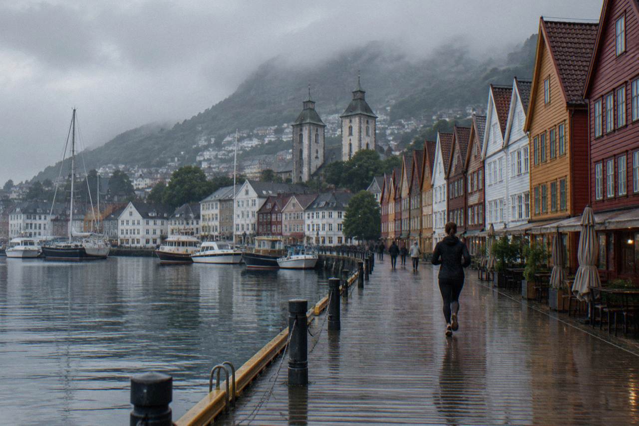 Twin stone towers of an old church rising over the colorful wooden wharf buildings of Bergen harbor