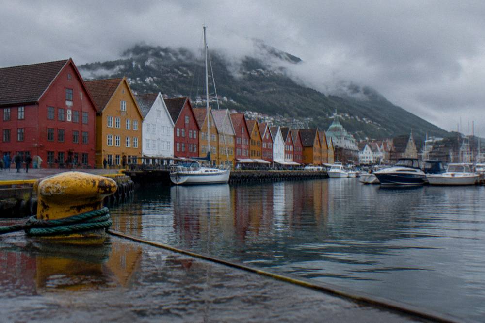Colourful wooden Hanseatic buildings along the wharf in Bergen harbour
