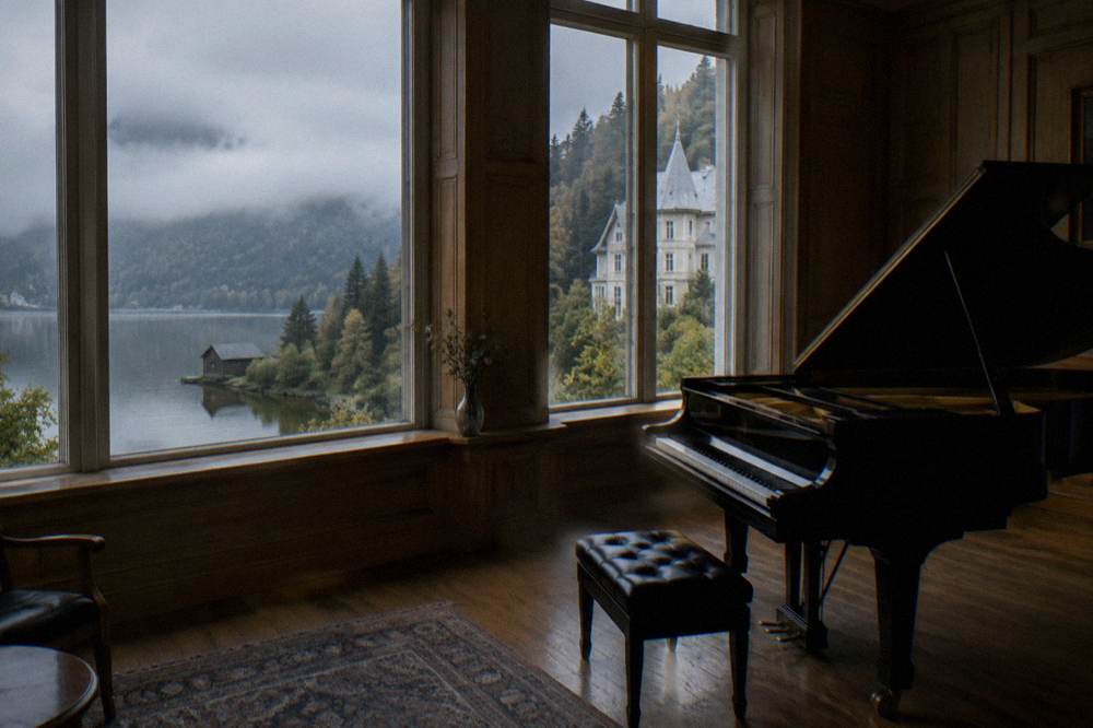A grand piano in a wooden-panelled room with tall windows