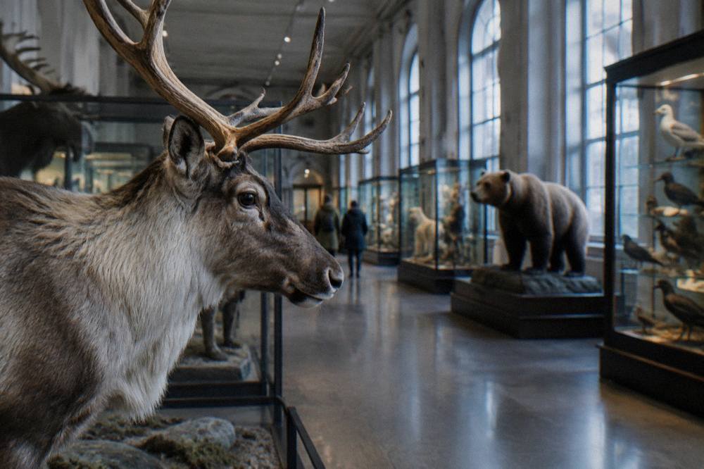 A tall museum gallery hall with display cases of stuffed animals and glass cabinets along the walls.