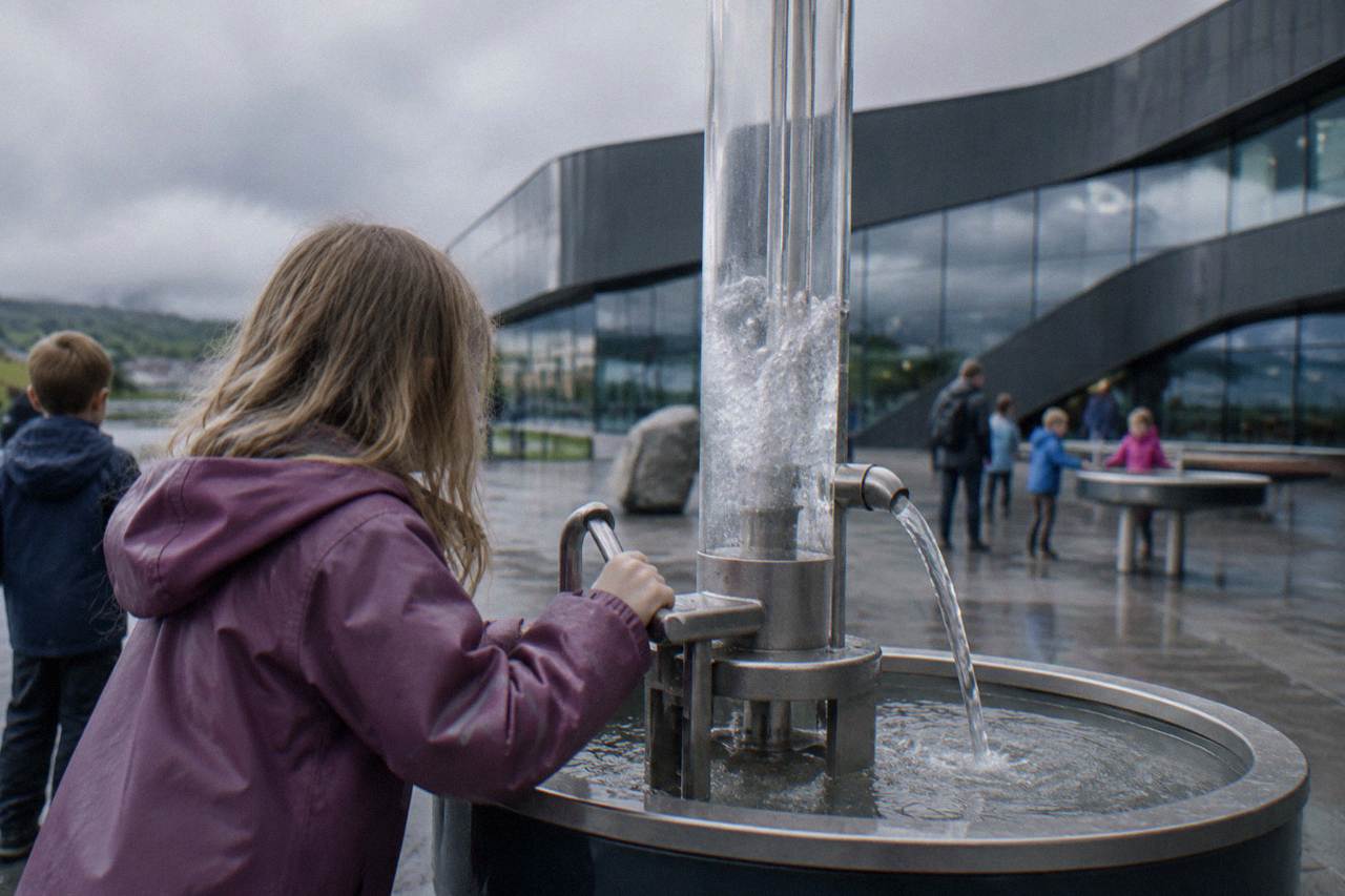 Children and parents trying hands-on science exhibits inside a bright modern science center